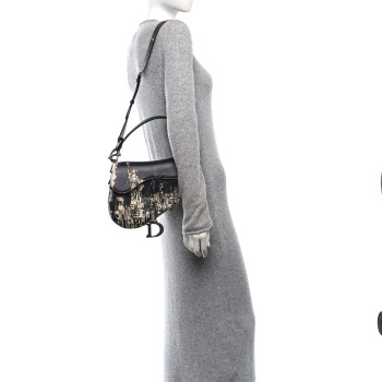 CHRISTIAN DIOR Calfskin New York Printed Saddle Bag With Strap Black White