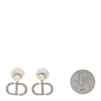 CHRISTIAN DIOR Pearl Crystal Tribal CD Drop Earrings Silver