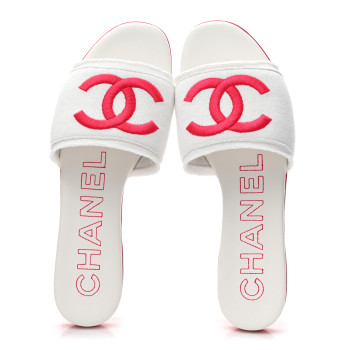 CHANEL Jersey Knit CC Mules 39 White Fuchsia