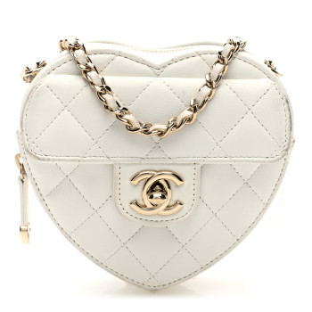 CHANEL Lambskin Quilted CC In Love Heart Clutch With Chain White