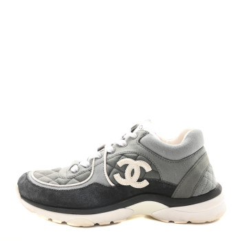 CHANEL Fabric Suede Calfskin Quilted CC Sneakers 37 Dark Grey