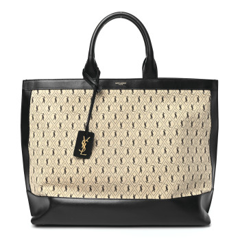 SAINT LAURENT Canvas All-Over Monogram Cabas Tote Beige Black