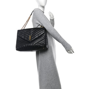 SAINT LAURENT Calfskin Y Quilted Monogram Large Loulou Chain Satchel Black