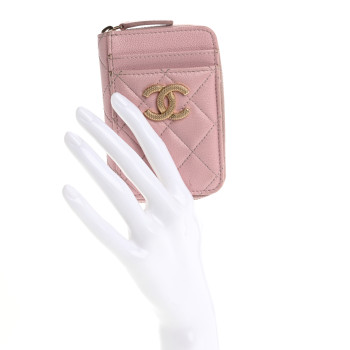 CHANEL Caviar Quilted Studded CC Zip Card Holder Pink