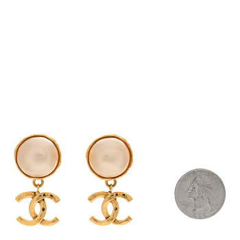CHANEL Pearl CC Dangle Clip On Earrings Gold