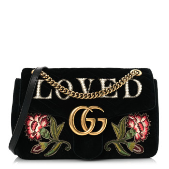 GUCCI Velvet Matelasse Loved Embroidered Medium GG Marmont Shoulder Bag Black