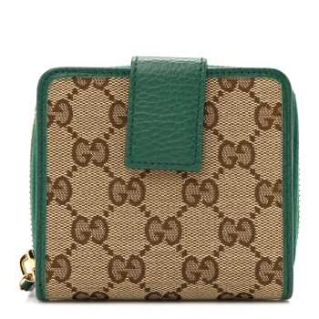 GUCCI Monogram Dollar Calfskin Zip Around French Flap Wallet Beige Ebony Green