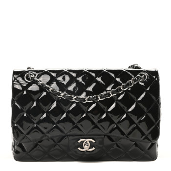 CHANEL Patent Quilted Jumbo Double Flap Black