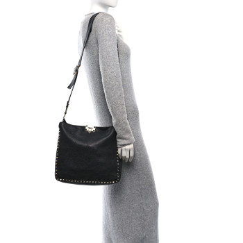 VALENTINO GARAVANI Pebbled Calfskin Small Rockstud Flip-Lock Messenger Bag Black