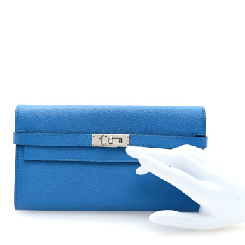 HERMES Chevre Mysore Kelly Longue Wallet Bleu Zanzibar