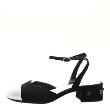 CHANEL Tweed Iridescent Calfskin Cap Toe CC Slingback Pumps 39.5 Black Silver