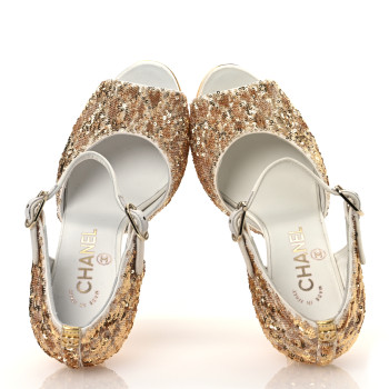 CHANEL Metallic Sequin Peep Toe Pumps 37.5 Light Gold White