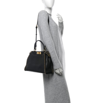 FENDI Vitello Seta Shiny Nappa Scalloped Studded Medium Peekaboo Iconic Satchel Black