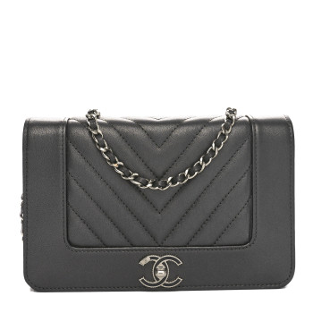 CHANEL Metallic Goatskin Chevron Quilted Vintage Mademoiselle Wallet On Chain WOC Charcoal