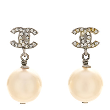 CHANEL Crystal Pearl CC Drop Earrings Silver Pearly White