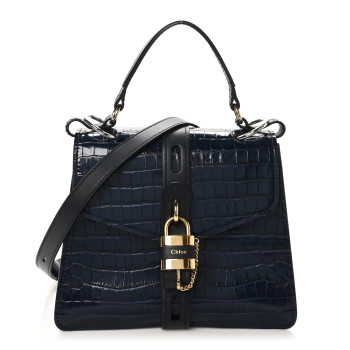 CHLOE Calfskin Crocodile Embossed Medium Aby Day Shoulder Bag Full Blue