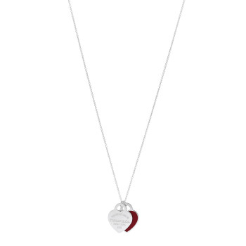TIFFANY Sterling Silver Enamel Large Return to Tiffany Double Heart Tag Pendant Necklace Red