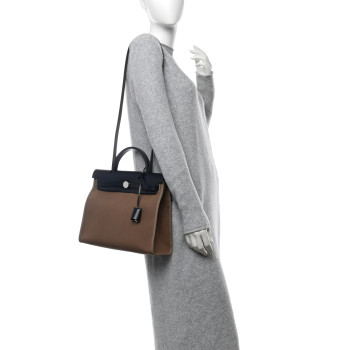 HERMES Vache Hunter Toile Herbag Zip 31 PM Etoupe Bleu Indigo