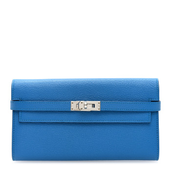 HERMES Chevre Mysore Kelly Longue Wallet Bleu Zanzibar