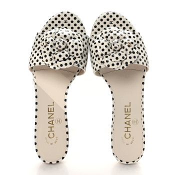 CHANEL Calfskin Printed Camellia CC Slides 36 Ivory Black