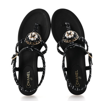CHANEL Cotton Tweed CC Charm Thong Sandals 39 Black White