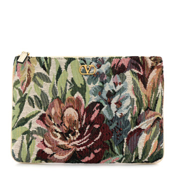 VALENTINO GARAVANI Jacquard Floral Medium Vlogo Zip Pouch White Multicolor