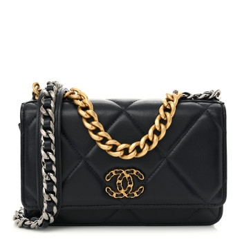 CHANEL Lambskin Quilted Chanel 19 Wallet On Chain WOC Navy Blue