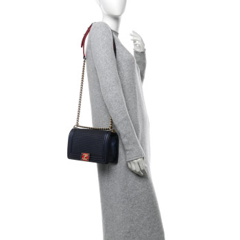 CHANEL Lambskin Embossed Medium Boy Cube Flap Navy