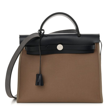 HERMES Vache Hunter Toile Herbag Zip 31 PM Etoupe Bleu Indigo