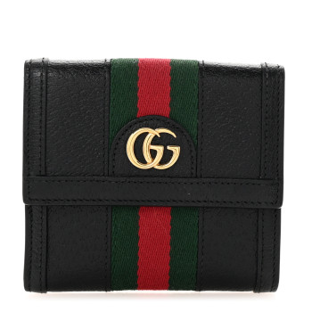 GUCCI Textured Calfskin Web Ophidia French Flap Wallet Black