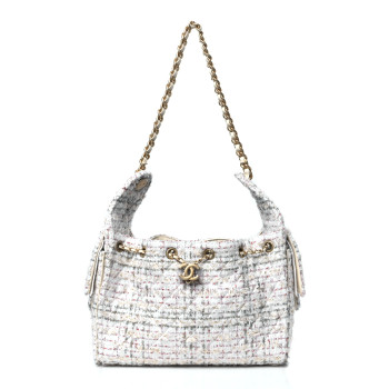 CHANEL Tweed Quilted Small Chanel 25 Handbag White