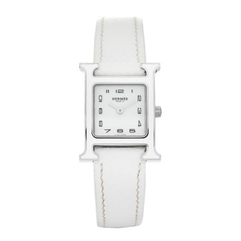 HERMES Stainless Steel Epsom Lacquer 21mm Heure H Hour Quartz Watch Blanc