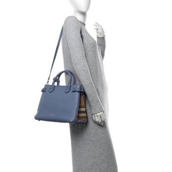 BURBERRY Derby Calfskin House Check Medium Banner Tote Slate Blue