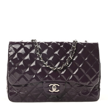 CHANEL Patent Quilted Jumbo Single Flap Dark Purple