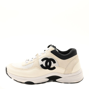 CHANEL Mesh Suede Grained Calfskin Womens CC Sneakers 37.5 White Black