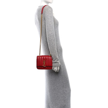 SAINT LAURENT Lambskin Matelasse Monogram Small Vicky Chain Bag Red