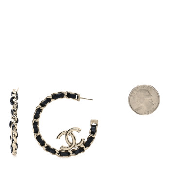 CHANEL Metal Lambskin Quilted CC Chain Hoop Earrings Gold Black