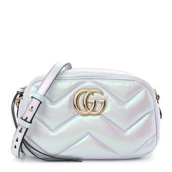 GUCCI Iridescent Nappa Chevron Matelasse Small GG Marmont Chain Shoulder Bag Iridescent Snow Light Blue