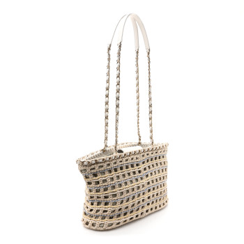 CHANEL Cotton Crochet Le Panier Small Shopping Bag Beige White Blue Yellow