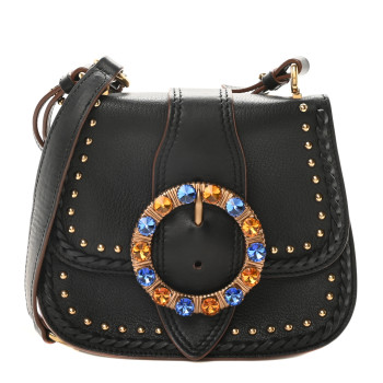 MIU MIU Goatskin Madras Soft Calfskin Crystal Embellished Lady Saddle Black