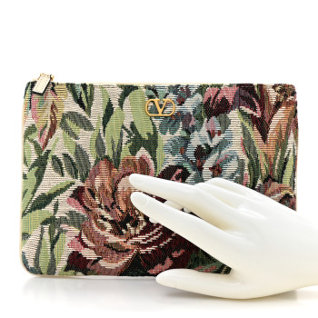 VALENTINO GARAVANI Jacquard Floral Medium Vlogo Zip Pouch White Multicolor