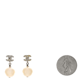 CHANEL Crystal Pearl CC Drop Earrings Silver Pearly White