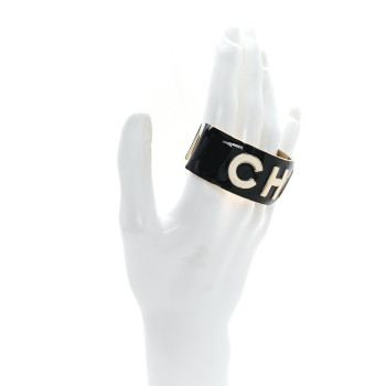 CHANEL Metal Enamel Wide Chanel Logo Cuff Bracelet L Black White