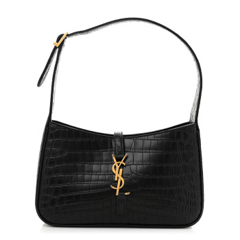 SAINT LAURENT Calfskin Crocodile Embossed Le 5 A 7 Hobo Black