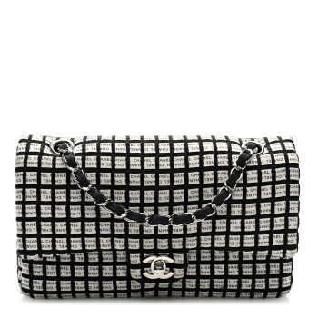 CHANEL Ribbon Tweed Medium Double Flap Black White