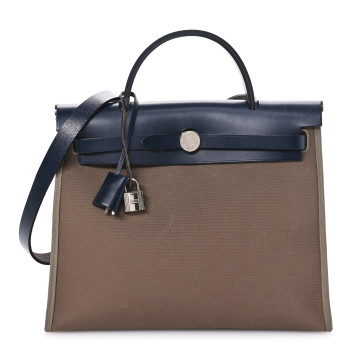 HERMES Toile Officier Vache Hunter Herbag Zip 31 PM Etoupe Bleu Indigo