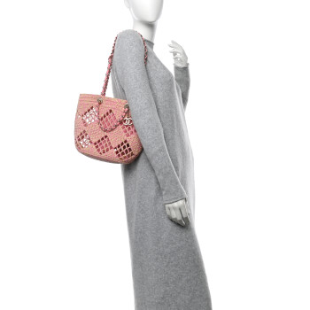 CHANEL Raffia Effect Braided Small Shopping Bag Beige Pink CHANEL Raffia Effect Braided Small Shopping Bag Beige Pink
