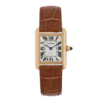 CARTIER 18K Yellow Gold Alligator 22mm Tank Louis Quartz Watch Brown