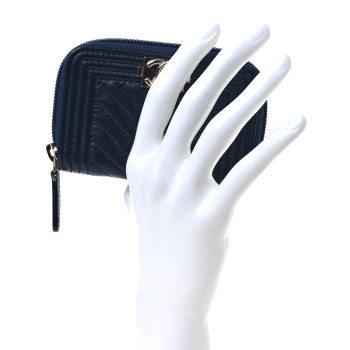 CHANEL Calfskin Chevron Quilted Zip Around Boy Coin Purse Navy Blue