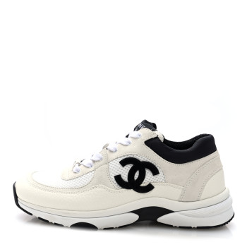 CHANEL Mesh Suede Calfskin Grained Calfskin Womens CC Sneakers 38.5 White Black